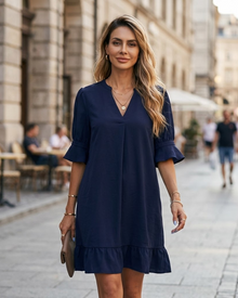 Emily Women's Summer Dress – Elegant V-Neck Dress with Loose Fit and Mid-Length Sleeves