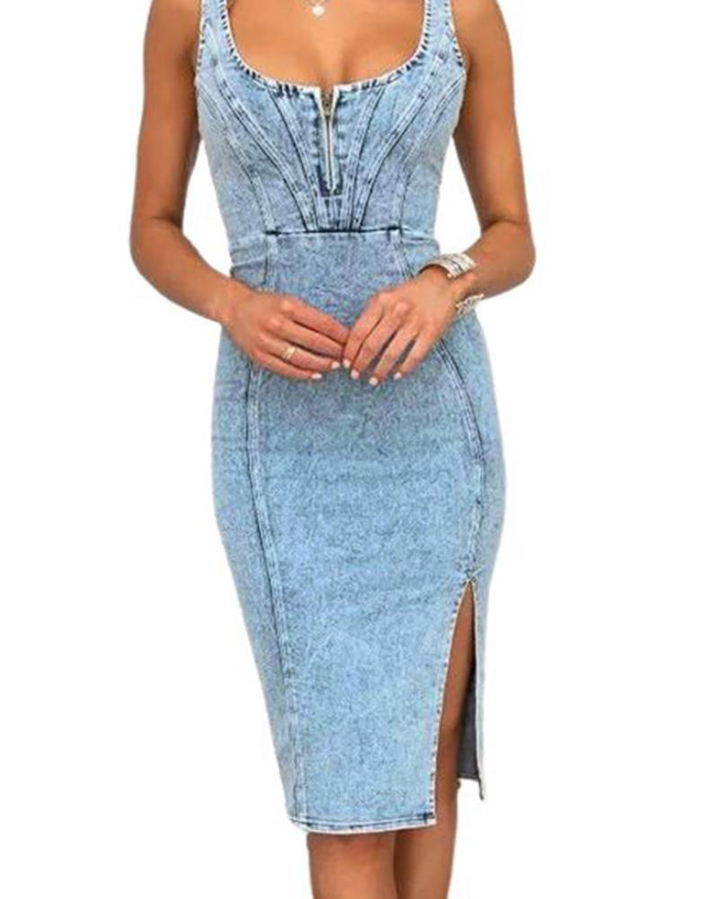 Maisie Women's Jean Robe – Midi Bodycon with Adjustable Straps & Slit