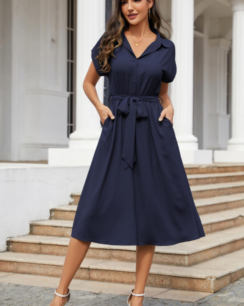 Cassidy Women's Dress – Midi V-Neck A-Line Dress with Short Sleeves & Pockets Summer