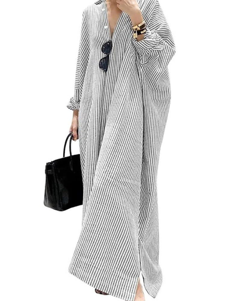 Lara Maxi Dress Chemise for Women – Striped Cotton Long Sleeves Buttoned
