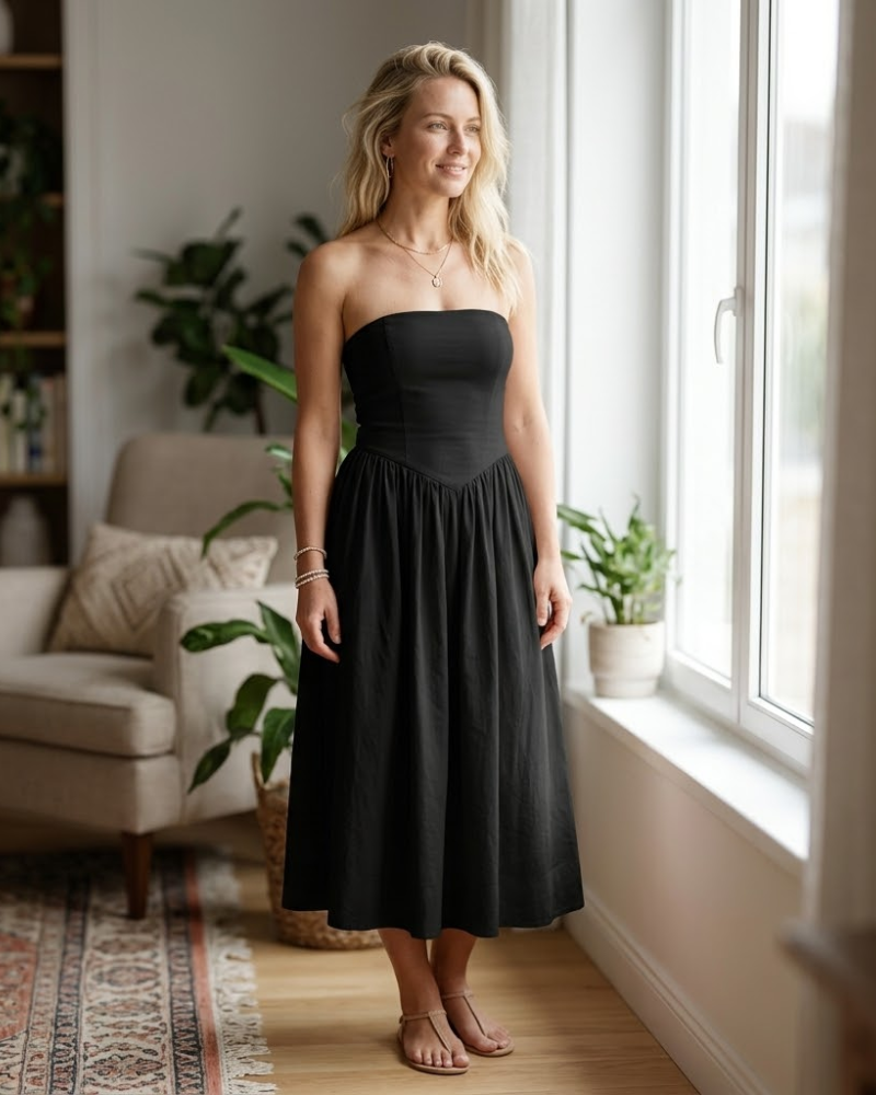Lina Midi Dress for Women – Sleeveless Bustier Dress with Low Waist A-Line Summer Chic