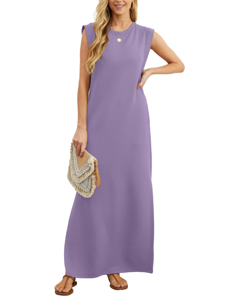 Erin Maxi Dress for Women Summer – Sleeveless Round Neck with Slit & Pockets