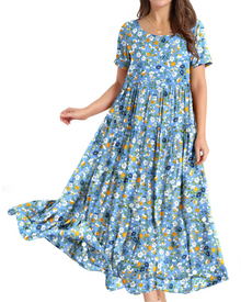 Rina Maxi Dress for Women – Bohemian Floral Cotton Dress with Round Neck & Pockets Summer