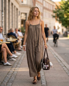 Luna Maxi Dress for Women – Backless Dress with Thin Straps, Linen Effect, Summer Boho Style