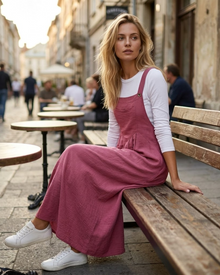 Camille Long Overalls Dress for Women – Pleated Pinafore Dress with Adjustable Straps and Pockets