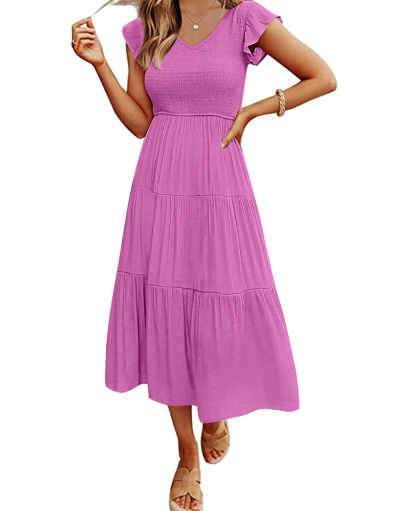 Skye Midi Dress for Women – V-Neck, Smocked, Flounced Sleeves & Pockets