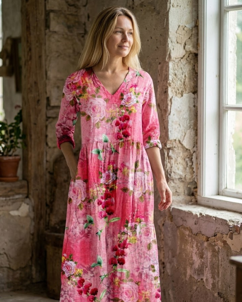 Ignacia Maxi Dress for Women – Floral V-Neck Dress, 3/4 Sleeves & Romantic Elegance