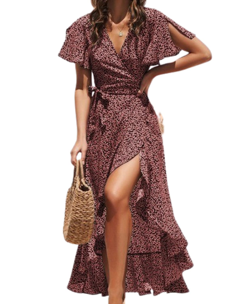 Lionie Women's Dress – Long Floral Wrap Dress with V-Neck, Short Sleeves, Ruffles, and Adjustable Waist