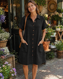 Yvette Women's Dress – V-Neck Button-Down Shirt Dress with Pockets, Flowing Cut, Bohemian Chic