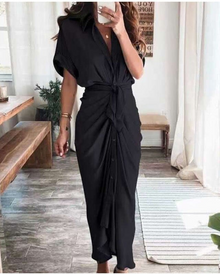 Mona Satin Maxi Dress for Women – Draped Cross-Over Dress, Slit & Evening Elegance