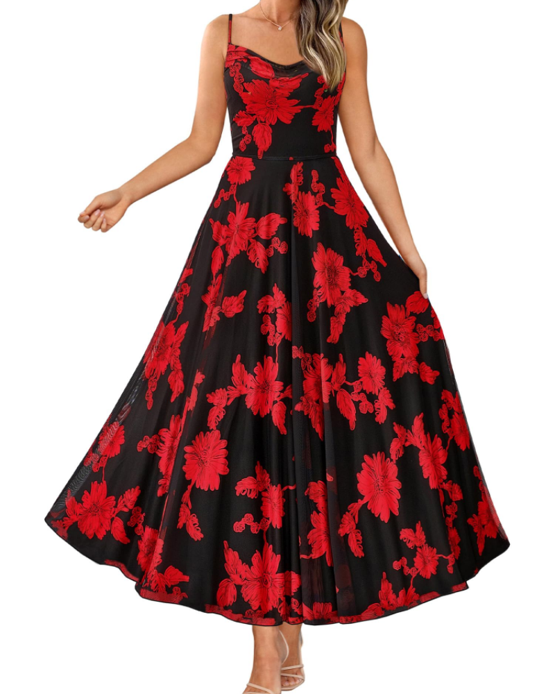 Denise Women's Dress – Floral Maxi Dress with Thin Straps, Draped Neckline, Elegant A-Line Cut
