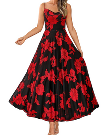 Denise Women's Dress – Floral Maxi Dress with Thin Straps, Draped Neckline, Elegant A-Line Cut
