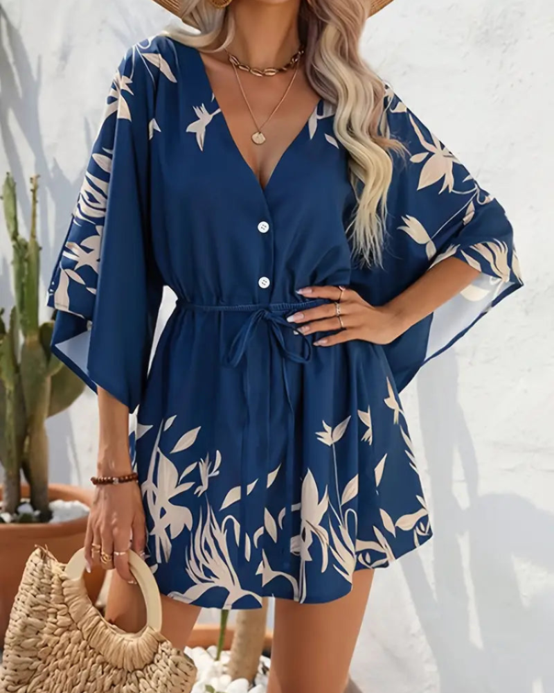 Rina Short Dress for Women – Floral V-Neck Dress, Long Sleeves & Light Style