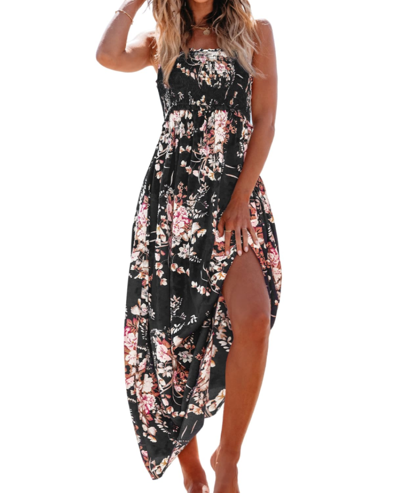Jheda Long Dress for Women – Floral Maxi Dress with Smocked Bodice, Thin Straps, Ruffles, Bohemian Chic Summer Style