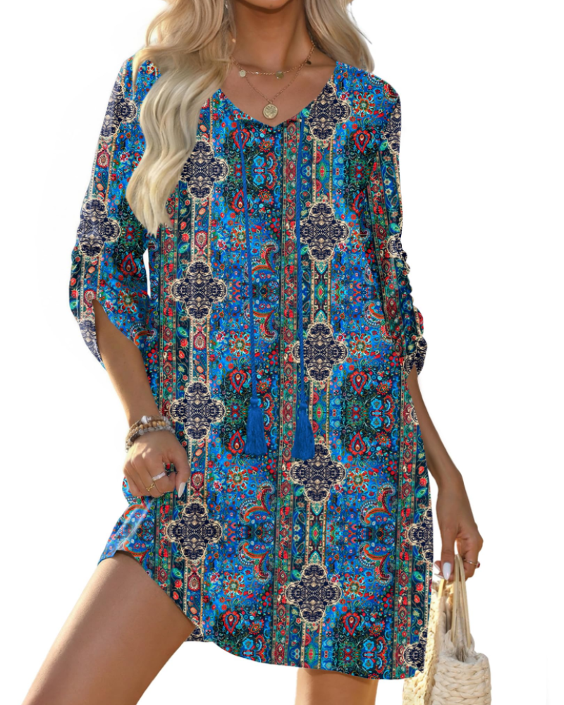 Cella Bohemian Dress for Women – Floral Tunic Dress with V-Neck, 3/4 Sleeves & Flowing Fit