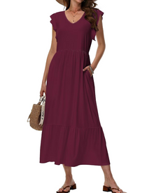 Mélanie Women's Midi Dress – Floral V-Neck Dress with Pockets, Elegant & Comfortable Fit