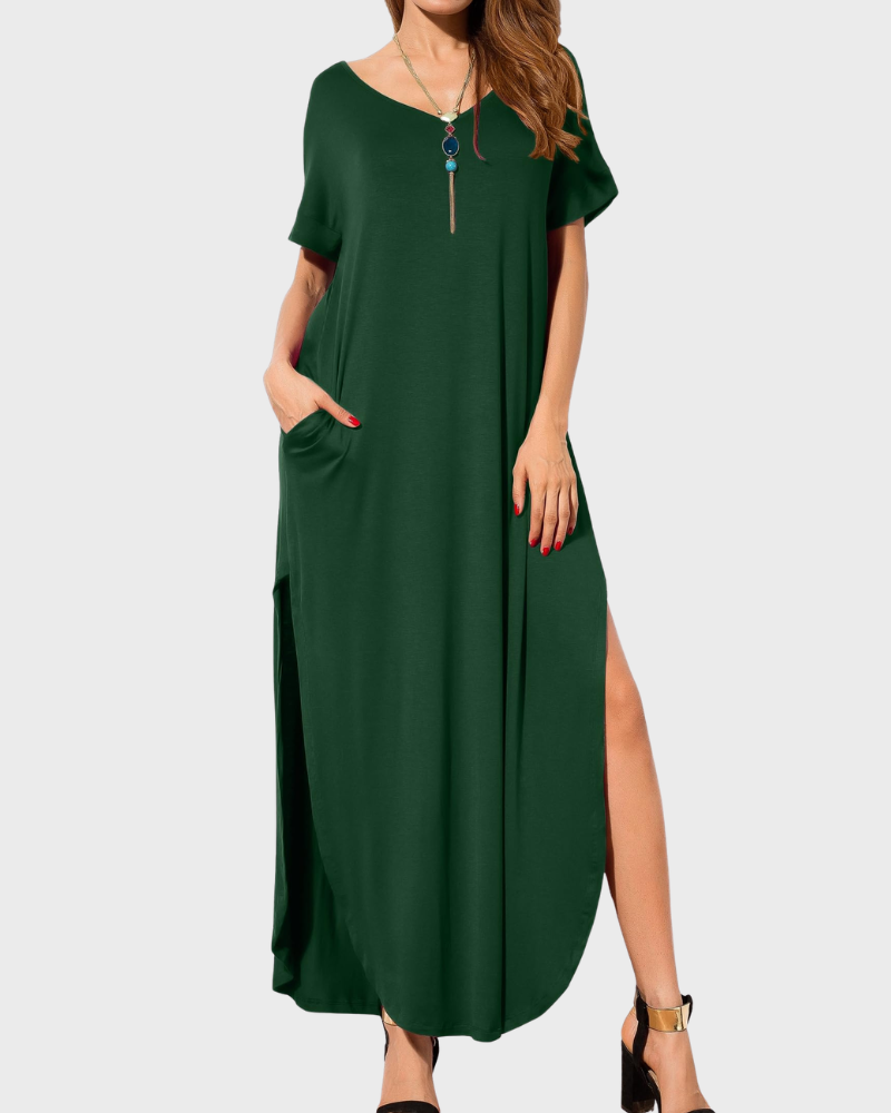 Rosenda Women's Maxi Dress – V-Neck, Short Sleeves, Flowing Fit & Slit with Pockets Summer