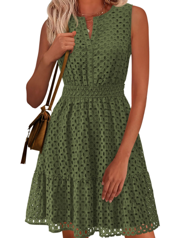 Clarisse Women's Dress – Summer A-Line Dress with V-Neck, Sleeveless, English Embroidery, Elastic Waist