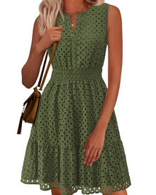 Clarisse Women's Dress – Summer A-Line Dress with V-Neck, Sleeveless, English Embroidery, Elastic Waist