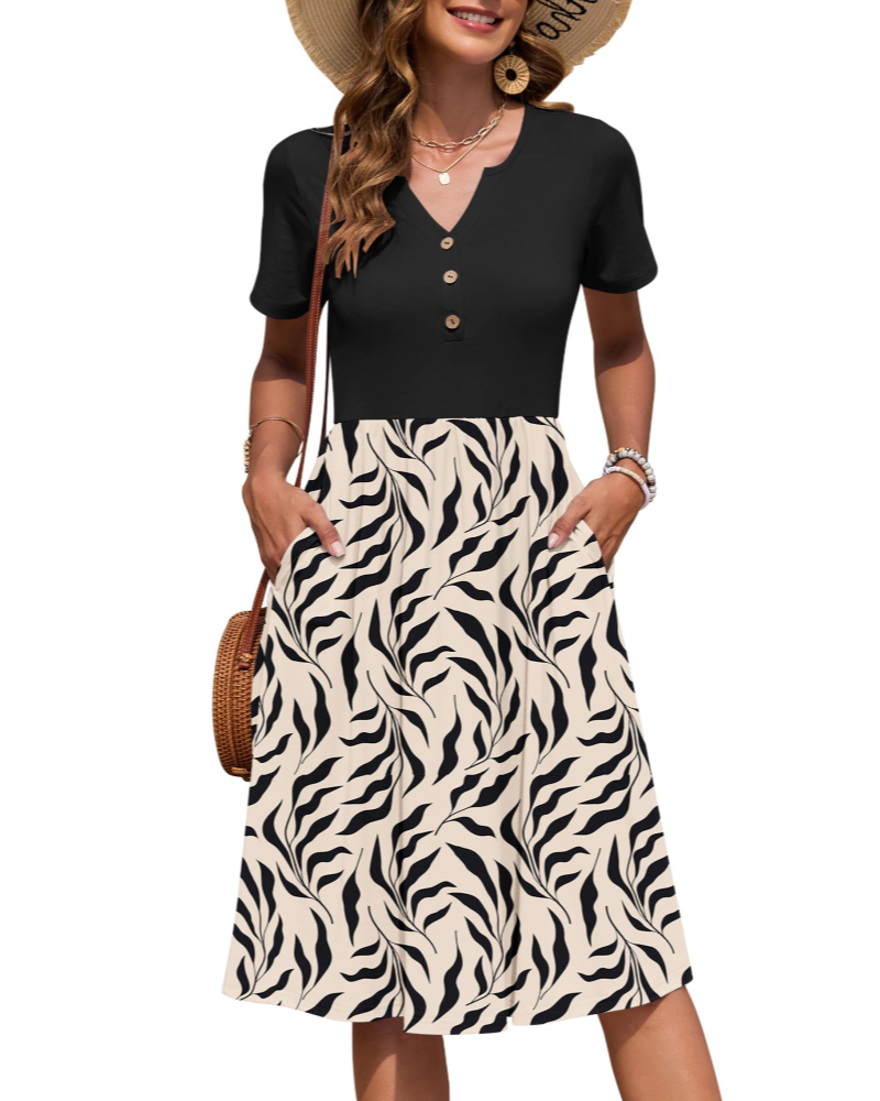 Ester Women's Dress – Mid-Length Summer Dress with V-Neck, Short Sleeves, Buttoned, Empire Waist, Pockets