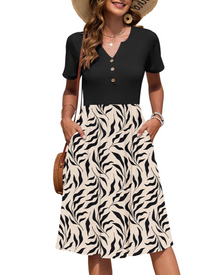 Ester Women's Dress – Mid-Length Summer Dress with V-Neck, Short Sleeves, Buttoned, Empire Waist, Pockets