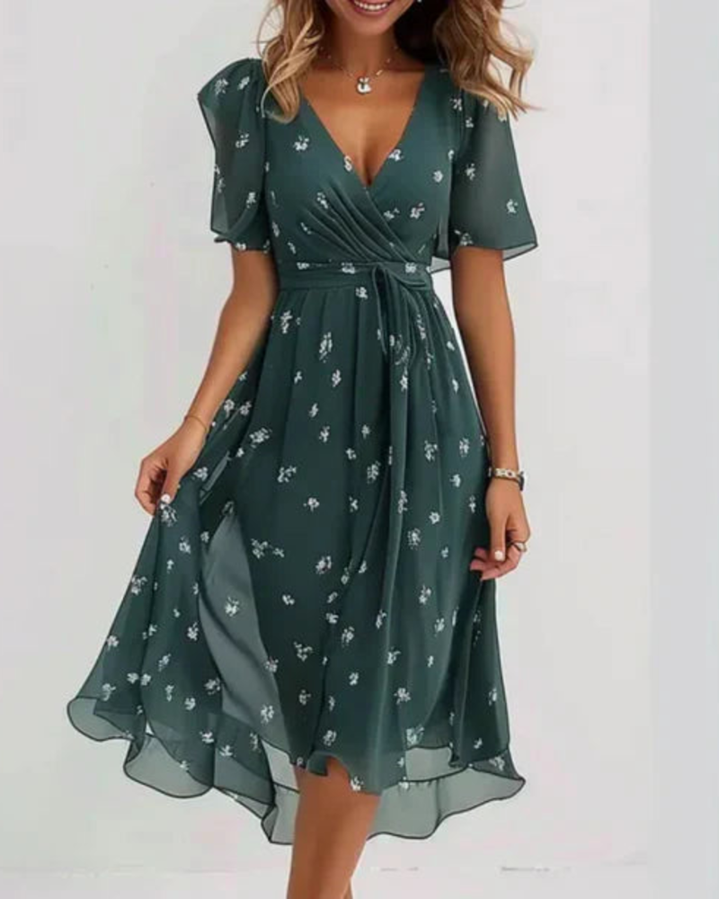 Vernelia Midi Dress for Women – Floral Chiffon Dress with V-Neck, A-Line Cut & Elegance