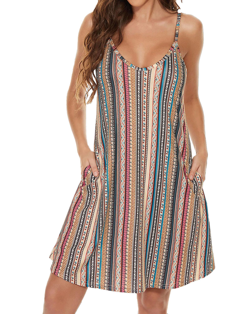 Lina Women's Dress – Summer Dress with Thin Straps, V-Neck, Flowing Fit, Pockets, Bohemian Style
