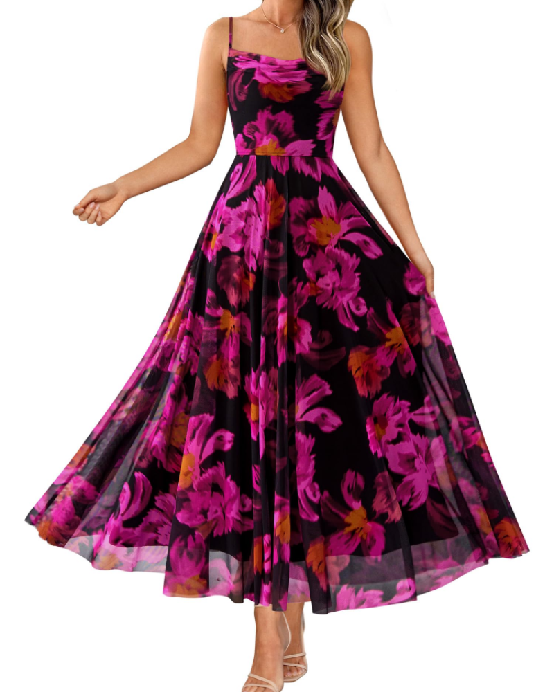 Denise Women's Dress – Floral Maxi Dress with Thin Straps, Draped Neckline, Elegant A-Line Cut
