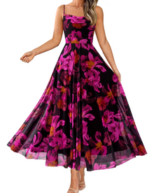 Denise Women's Dress – Floral Maxi Dress with Thin Straps, Draped Neckline, Elegant A-Line Cut