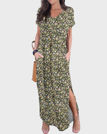 Rosenda Women's Maxi Dress – V-Neck, Short Sleeves, Flowing Fit & Slit with Pockets Summer