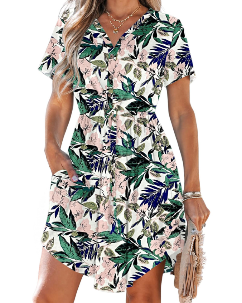 Wenna Women's Dress – Mini V-Neck Dress with Short Sleeves, Drawstring Waist, and Pockets for Summer