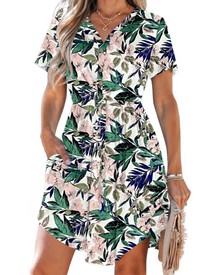 Wenna Women's Dress – Mini V-Neck Dress with Short Sleeves, Drawstring Waist, and Pockets for Summer