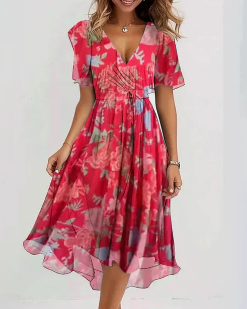 Vernelia Midi Dress for Women – Floral Chiffon Dress with V-Neck, A-Line Cut & Elegance