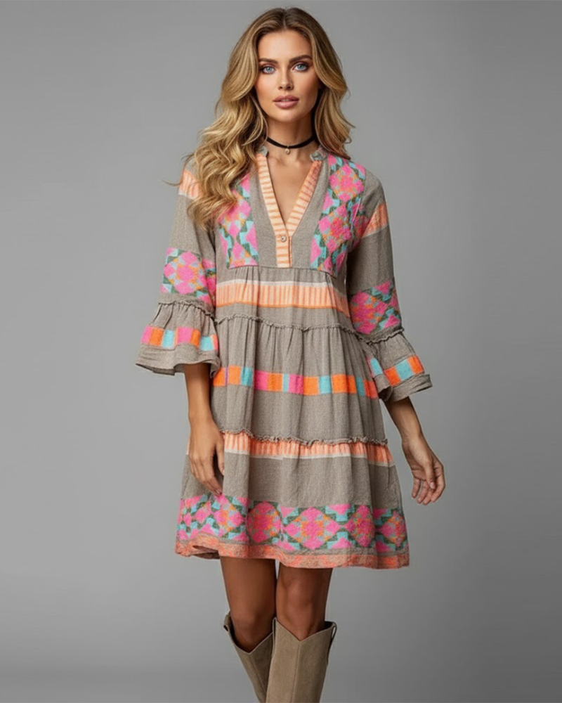 Women's Bohemian Dress – Flowing Printed Dress, Flared Sleeves & Colorful Style