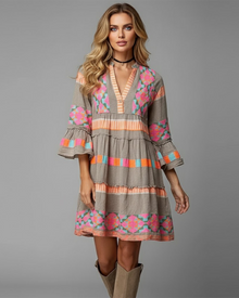 Women's Bohemian Dress – Flowing Printed Dress, Flared Sleeves & Colorful Style