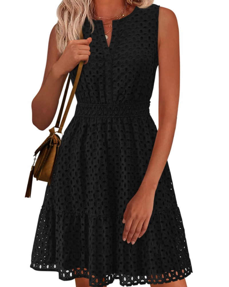 Clarisse Women's Dress – Summer A-Line Dress with V-Neck, Sleeveless, English Embroidery, Elastic Waist