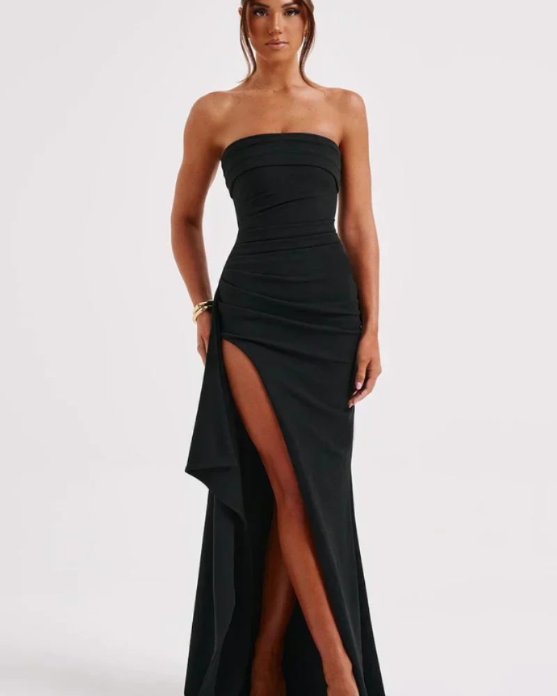 Milca Women's Evening Dress – Long Ruched Bustier Dress, High Slit & Chic Elegance