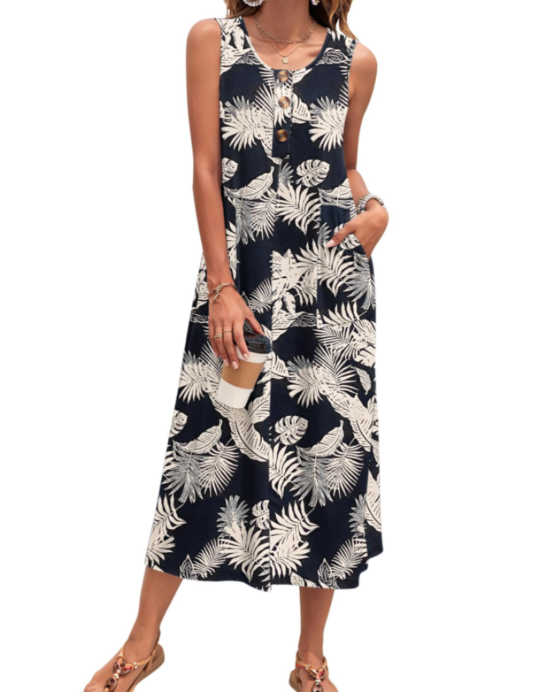 Julia Women's Robe – Sleeveless Button-Down A-Line Maxi Dress with Pockets Summer Casual