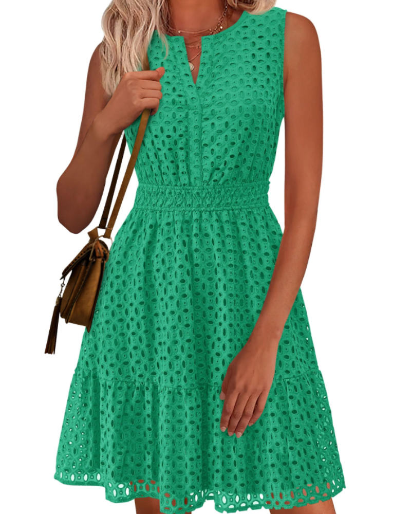 Clarisse Women's Dress – Summer A-Line Dress with V-Neck, Sleeveless, English Embroidery, Elastic Waist