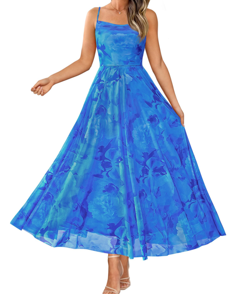 Denise Women's Dress – Floral Maxi Dress with Thin Straps, Draped Neckline, Elegant A-Line Cut