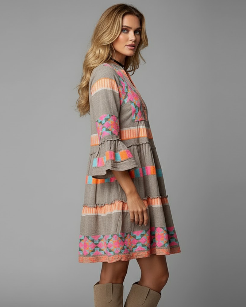 Women's Bohemian Dress – Flowing Printed Dress, Flared Sleeves & Colorful Style