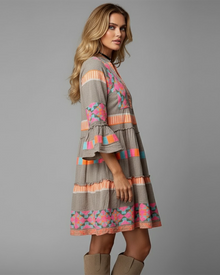 Women's Bohemian Dress – Flowing Printed Dress, Flared Sleeves & Colorful Style