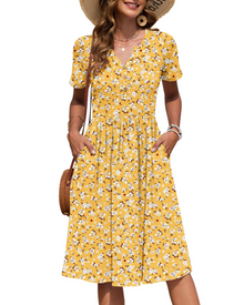 Ester Women's Dress – Mid-Length Summer Dress with V-Neck, Short Sleeves, Buttoned, Empire Waist, Pockets
