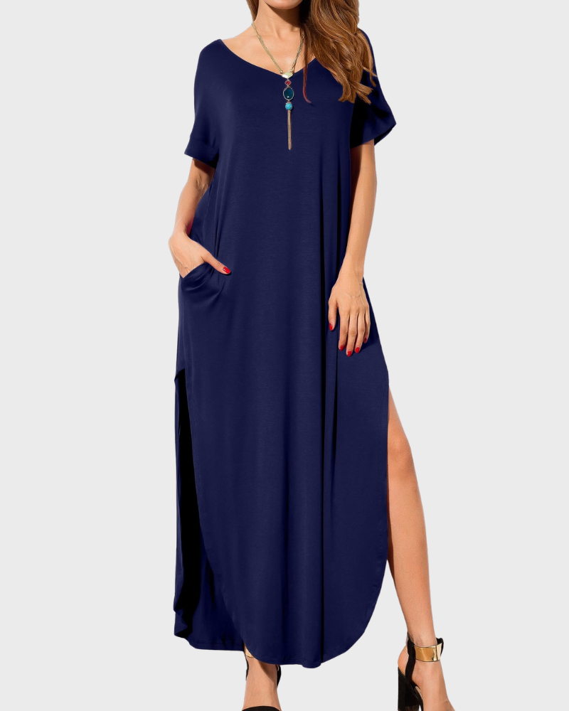 Rosenda Women's Maxi Dress – V-Neck, Short Sleeves, Flowing Fit & Slit with Pockets Summer