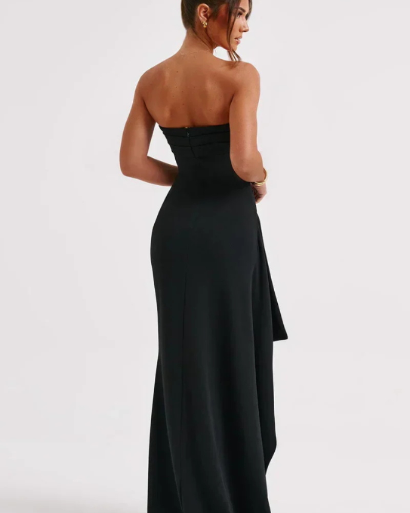 Milca Women's Evening Dress – Long Ruched Bustier Dress, High Slit & Chic Elegance