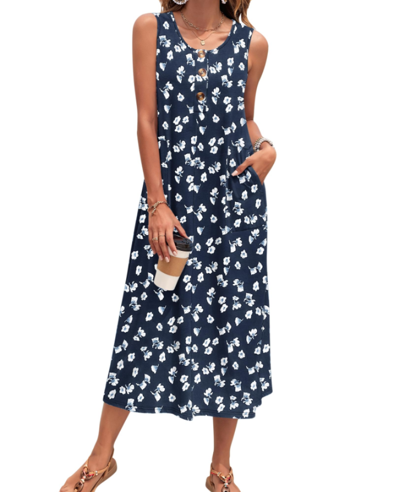 Julia Women's Robe – Sleeveless Button-Down A-Line Maxi Dress with Pockets Summer Casual