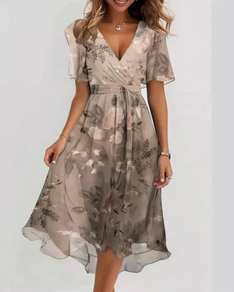 Vernelia Midi Dress for Women – Floral Chiffon Dress with V-Neck, A-Line Cut & Elegance