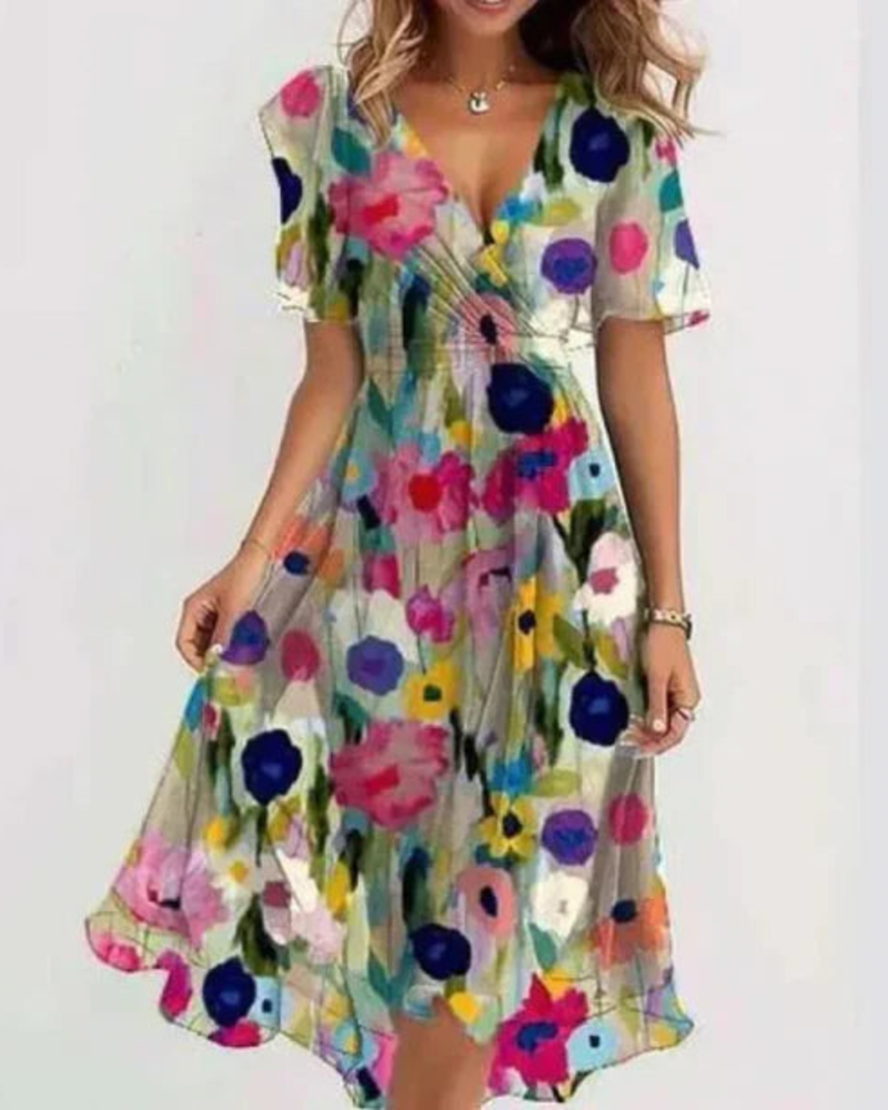 Vernelia Midi Dress for Women – Floral Chiffon Dress with V-Neck, A-Line Cut & Elegance