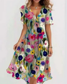 Vernelia Midi Dress for Women – Floral Chiffon Dress with V-Neck, A-Line Cut & Elegance