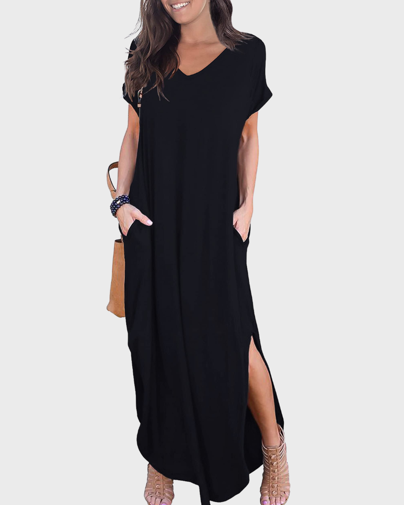 Rosenda Women's Maxi Dress – V-Neck, Short Sleeves, Flowing Fit & Slit with Pockets Summer